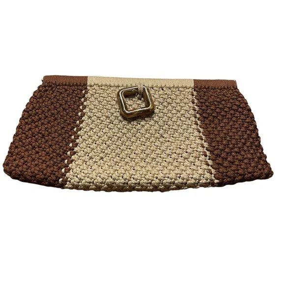 Vintage Crochet Clutch Purse Brown Tan Tortoiseshell Buckle Boho Retro - Picture 7 of 8